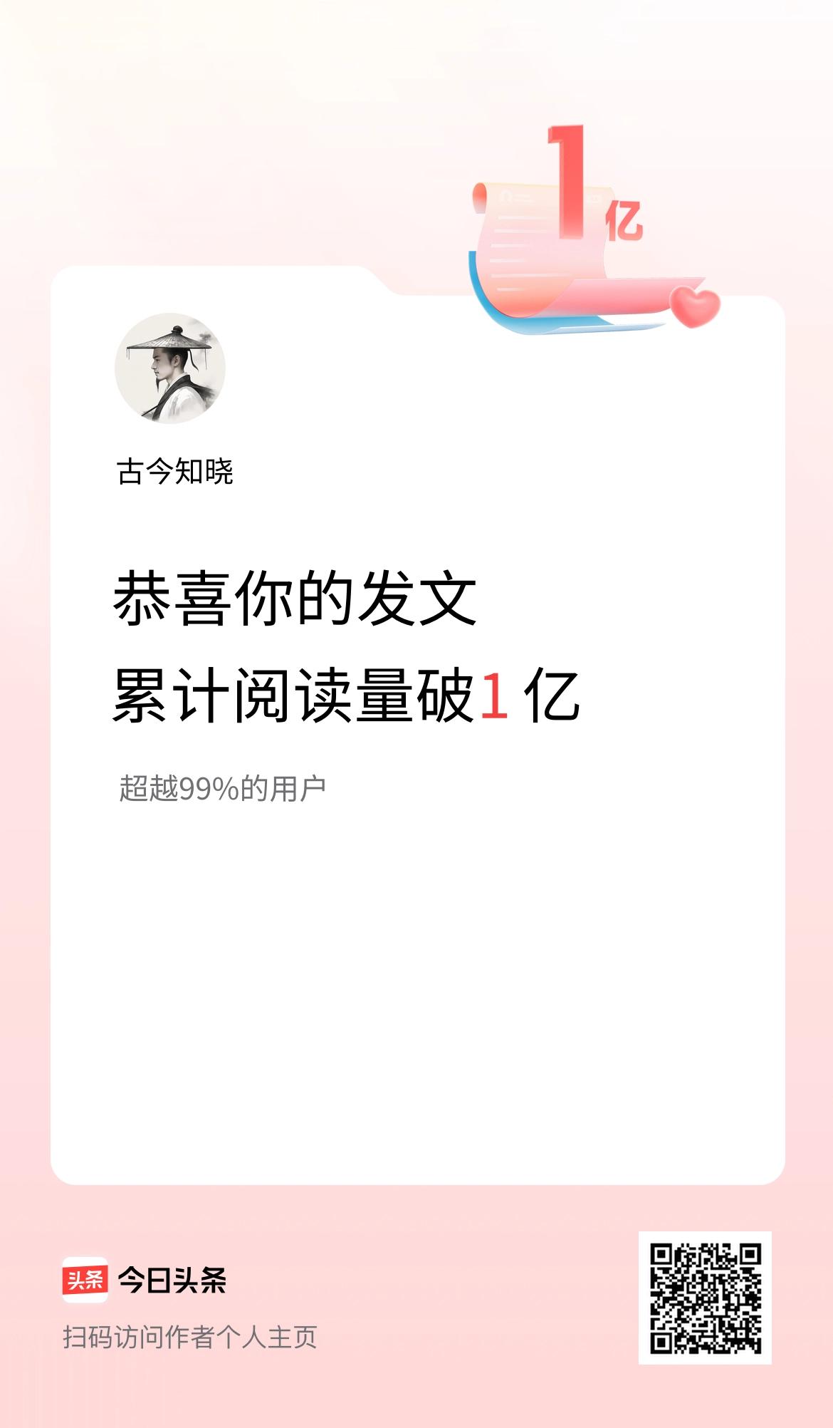 🤝我在头条累计获得阅读量破1亿啦！