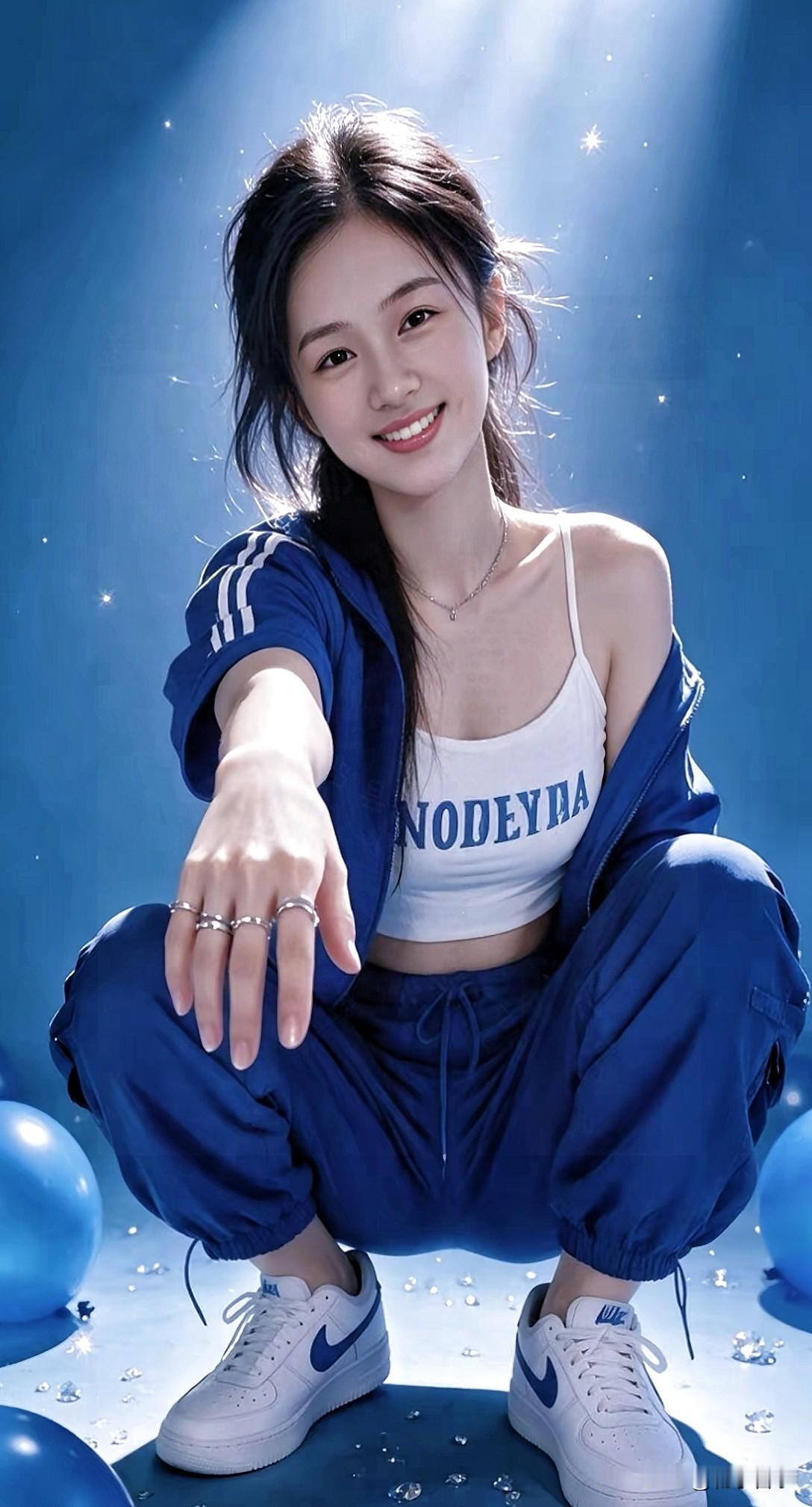青春洋溢的少女，蓝白相间的运动装，阳光下的微笑，活力满满！🌞💙👟 分享随手
