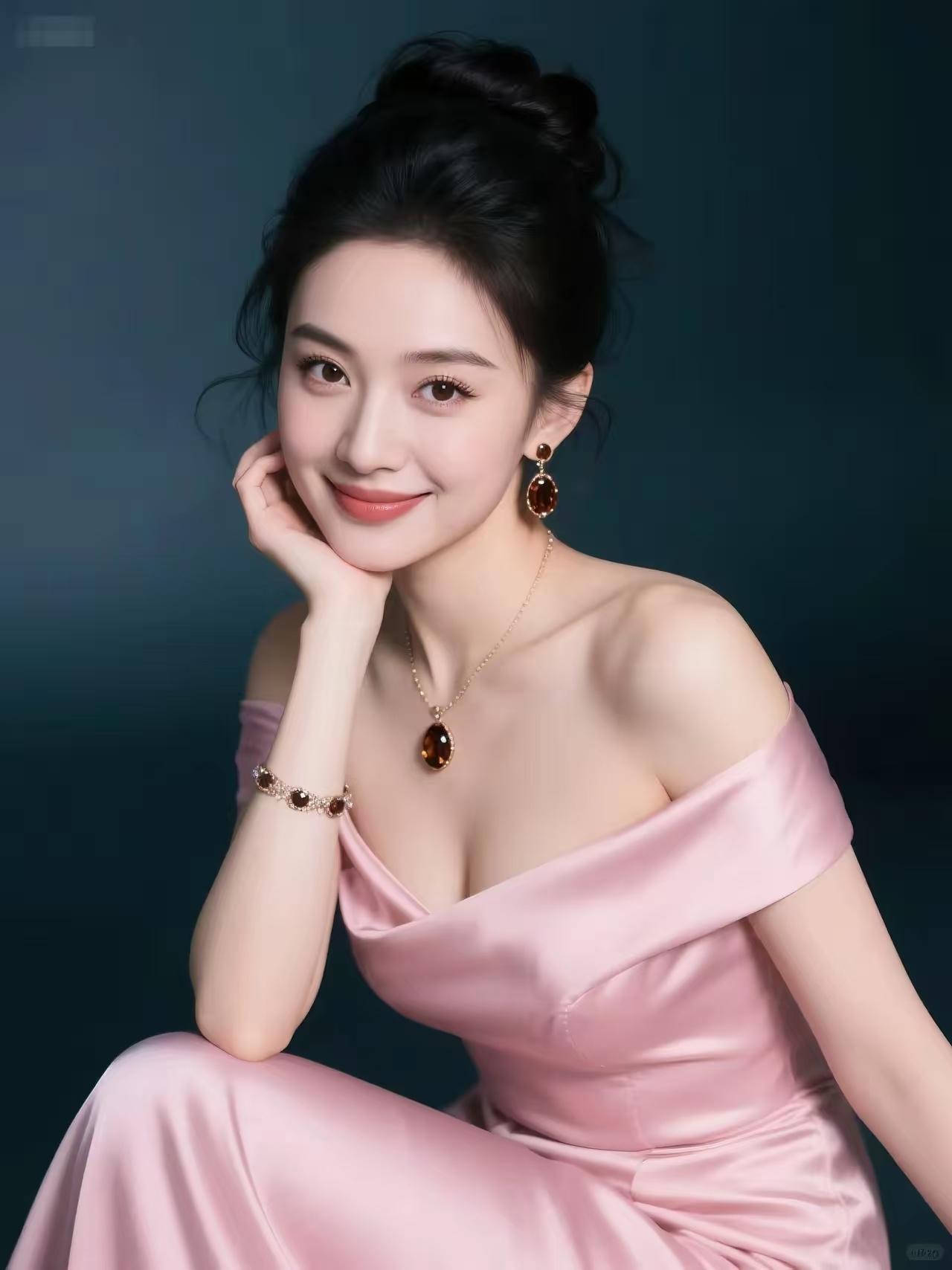 女士身着粉色长裙，温柔又婉约。裙子的剪裁贴合身材，凸显出她的优雅曲线。而她身上用