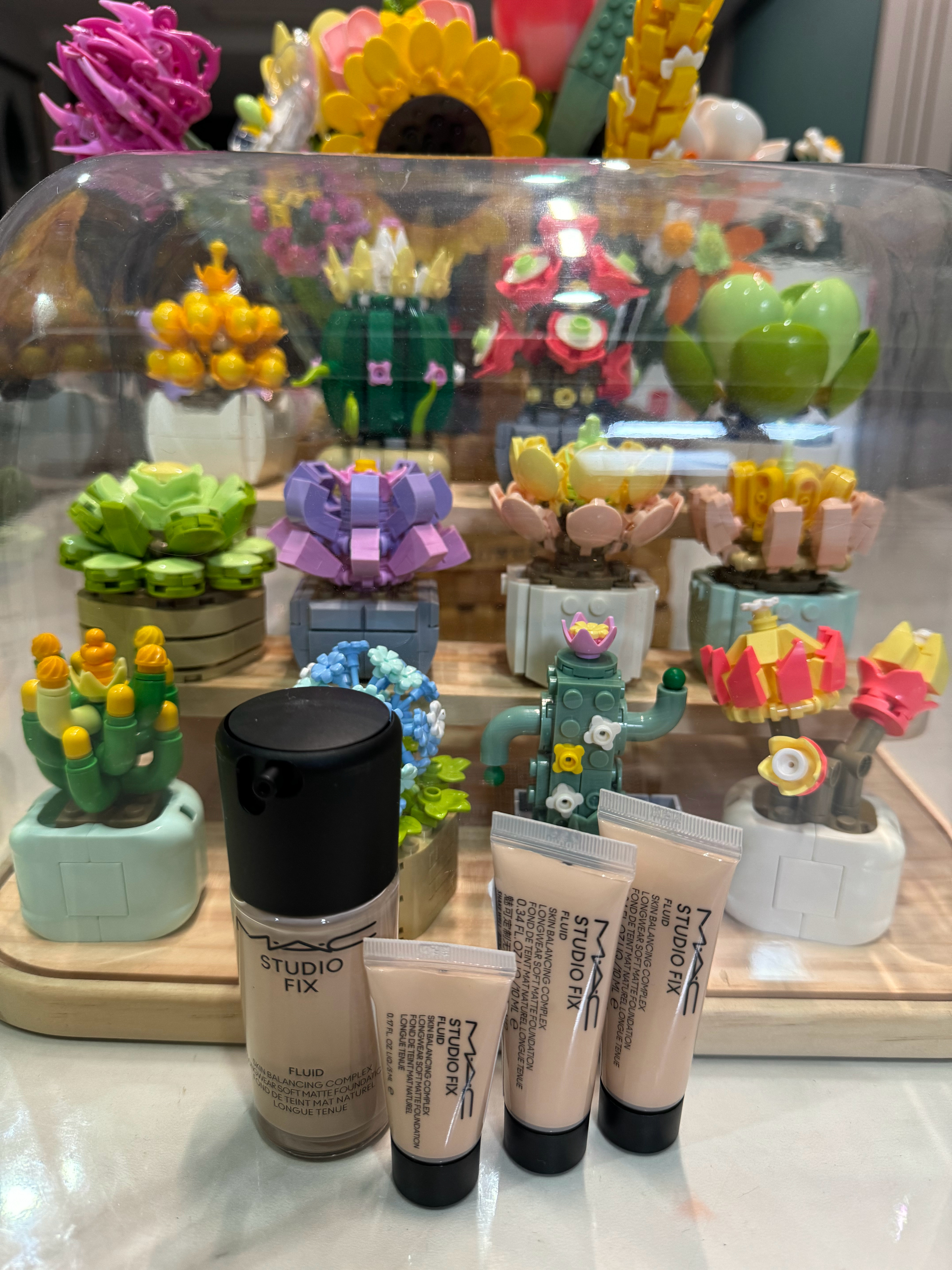 [二哈]我的粉底液到了，用我的多肉积木当背景[二哈]明天开始使用新的粉底液[举手