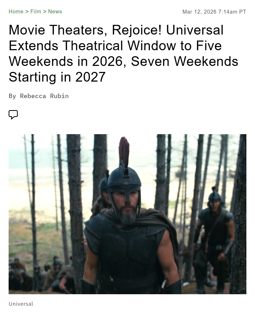 TNABO 环球影业宣布改变电影发行策略，废弃近年最短放映17天就上平台的做法，