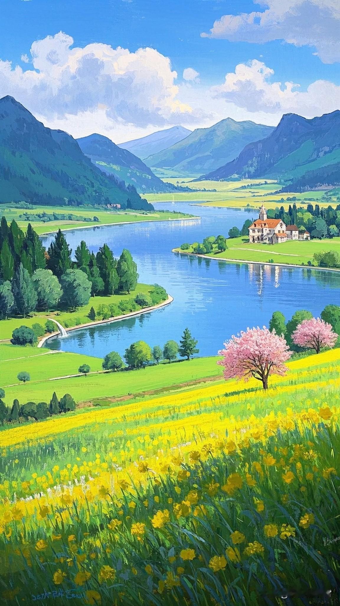 风揉碎云影落进澄澈的水，野花举着彩灯笼浸在夏意里；蓝丝绒似的湖裹着远山黛雾，粉樱