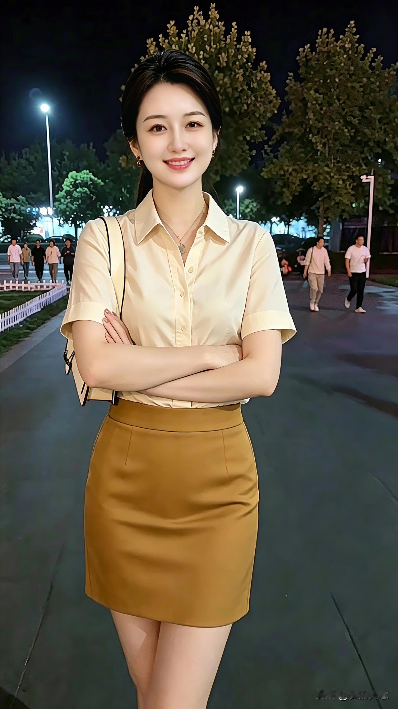 今天穿了一件简单又时尚的浅杏色短袖衬衫，搭配焦糖色半身短裙，简约干练又透着温柔气