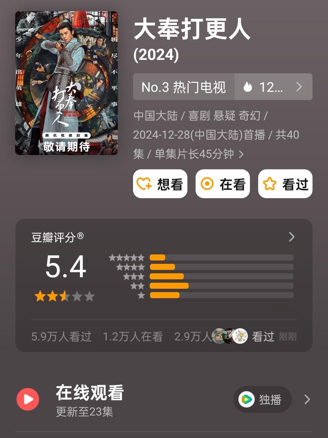 大奉打更人豆瓣开分5.4 王鹤棣 田曦薇《大奉打更人》豆瓣开分5.4，打分人数不