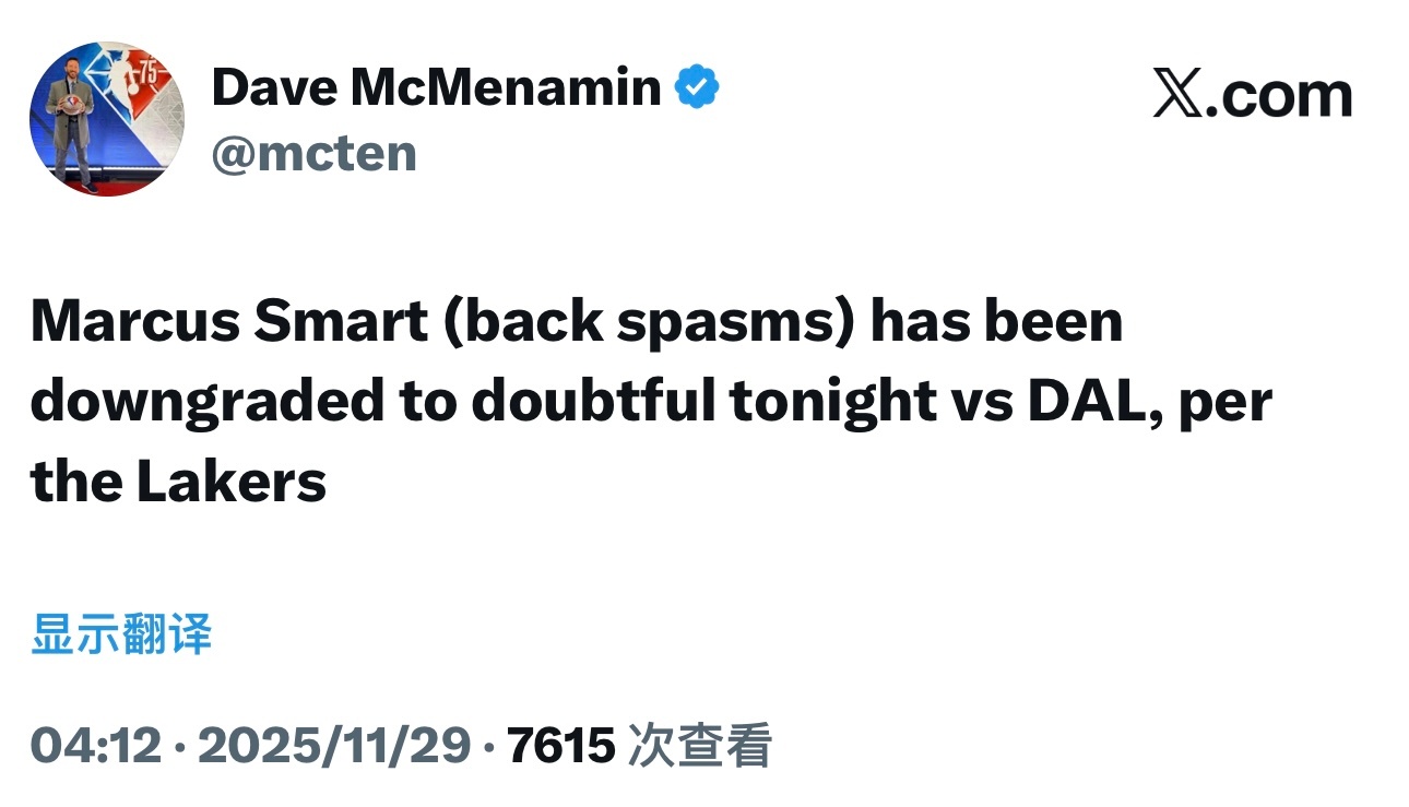 斯玛特（背部痉挛）状态降级为不太可能出战。 