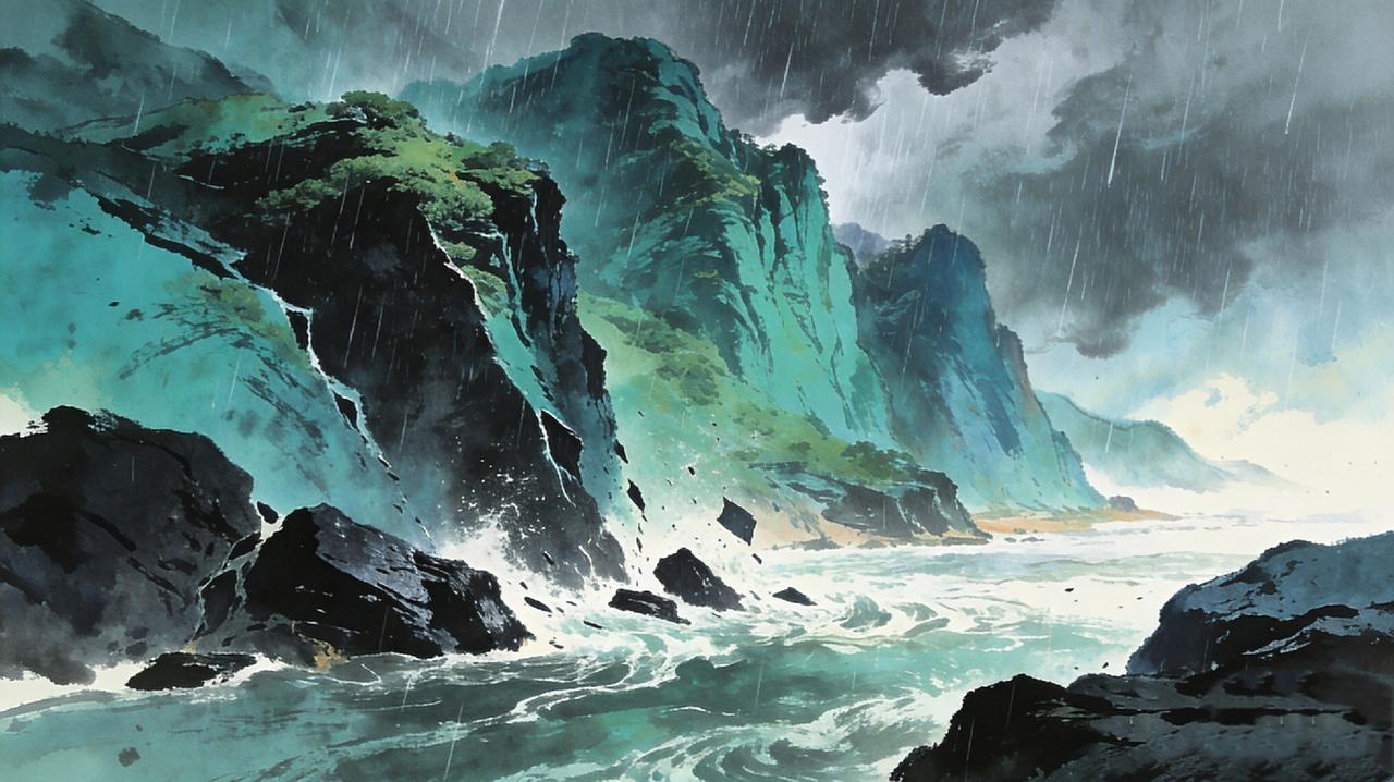 1. 山雨断苍石：山间下起的暴雨势头极猛，仿佛有着能冲断青黑色坚硬岩石的力量。“