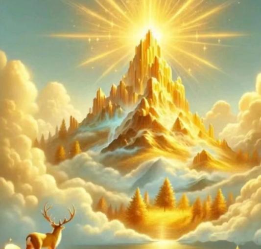 天地吉兆，日照金山，见此盛景者，福禄相伴、富贵绵延万载，诚心礼赞，速速接住这份天
