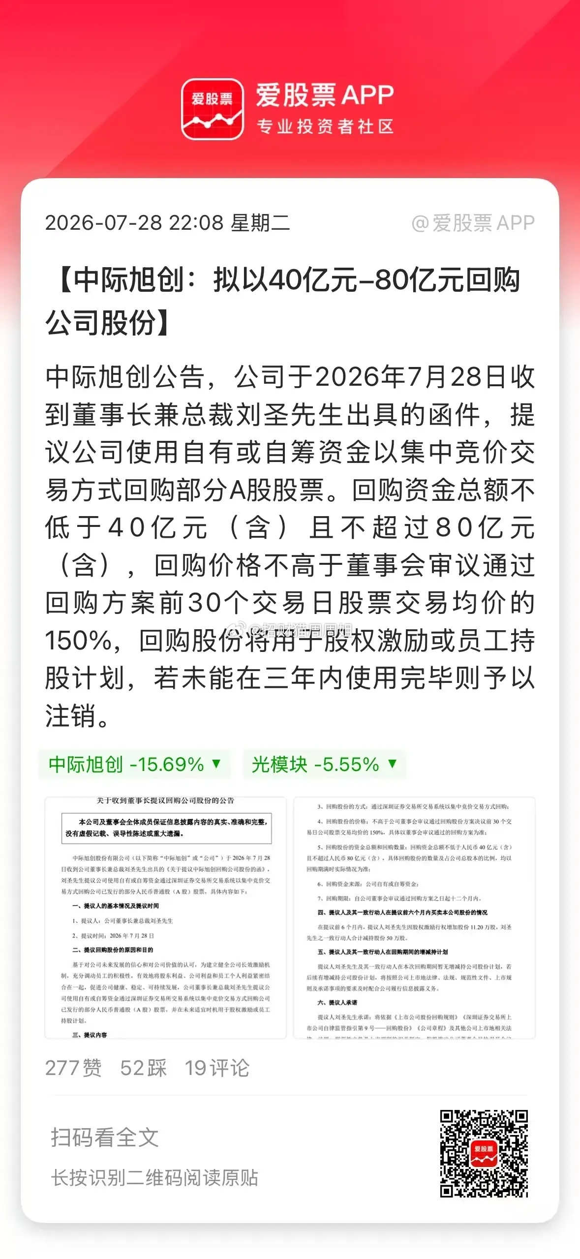 今天大跌后，中际旭创祭出护盘大招，拟回购40亿元-80亿元！这个金额仅次于宁王，