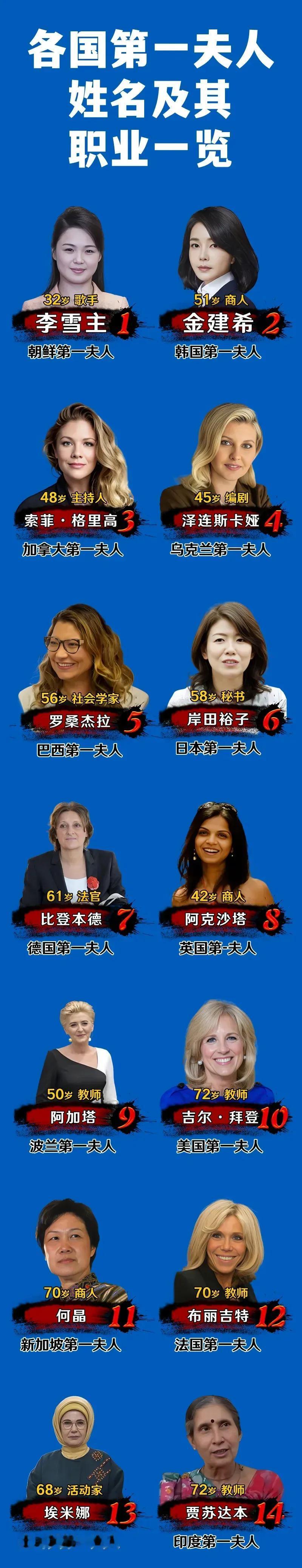 美国第一夫人：是教师；
法国第一夫人：是教师；
波兰第一夫人：是教师；
印度第一