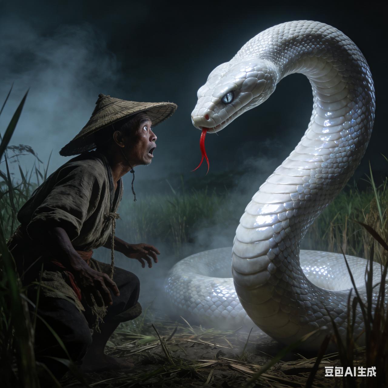 萍乡曾有个农夫，一次上山种树，一锄头下去，忽然觉得有异样。

  一条白色小蟒蛇