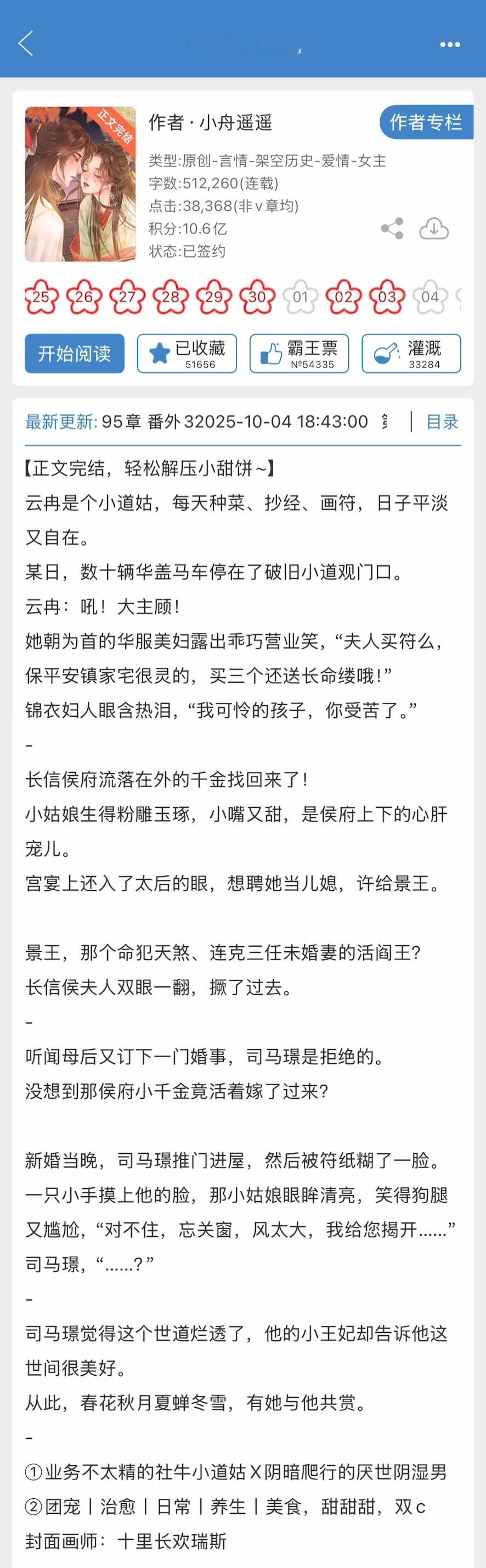 小舟遥遥的《道姑小王妃》完结啦！古言日常向➕团宠➕美食➕治愈，业务不太精的社牛小