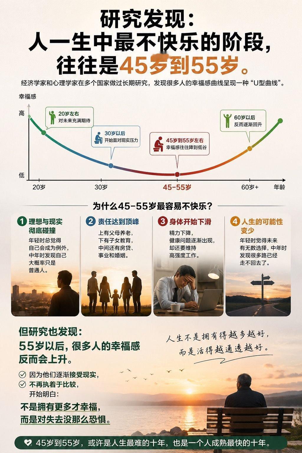 人一生最不快乐的年龄段中年的苦，不仅仅是没钱。而是终于明白：有些山翻不过去，有些