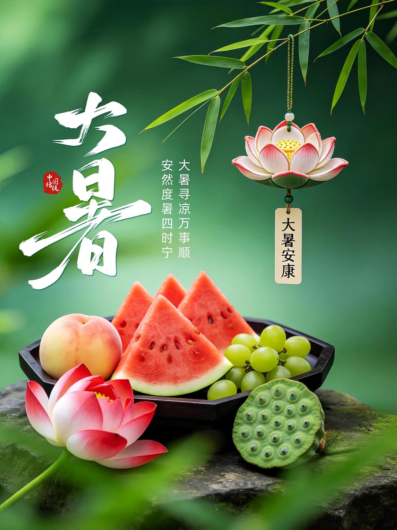 今日大暑，清晨送福💦。7月下旬暑气达到顶峰，蝉鸣不绝，晚风携着草木清香。酷暑时