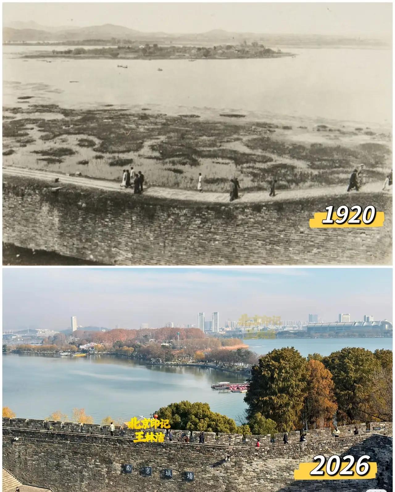 百年时光，于南京玄武湖而言，仿若微风轻拂。从相同角度的新旧对比照片中，能真切体会