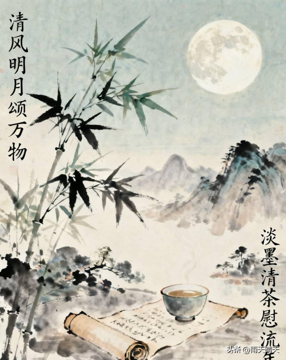 上联：清风明月颂万物

下联：淡墨清茶慰流年