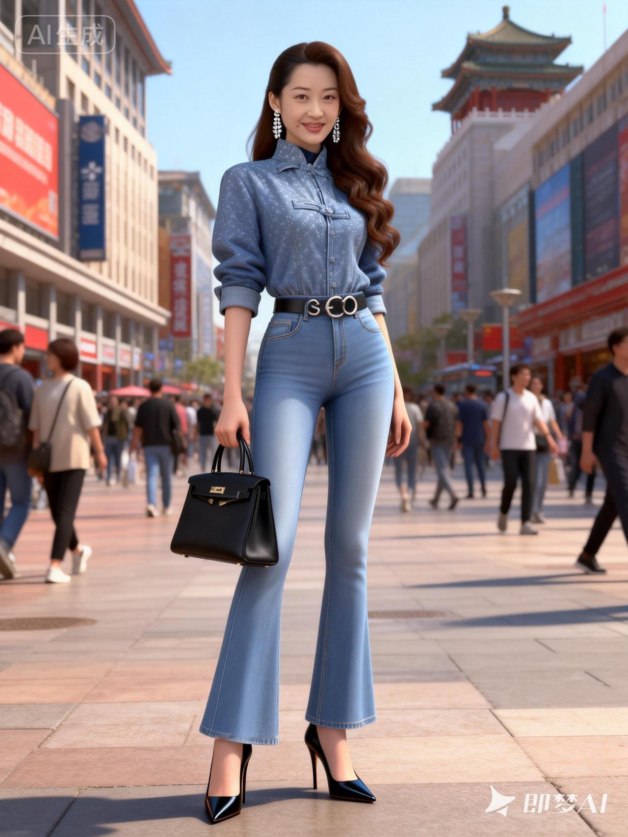 都市时尚风，牛仔套装搭配高跟鞋，自信满满！