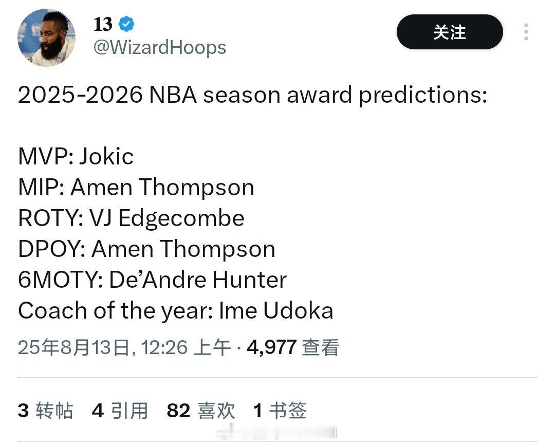 美媒预测新赛季各大奖项得主：MVP：约基奇最快进步球员：阿门汤普森最佳新秀：VJ