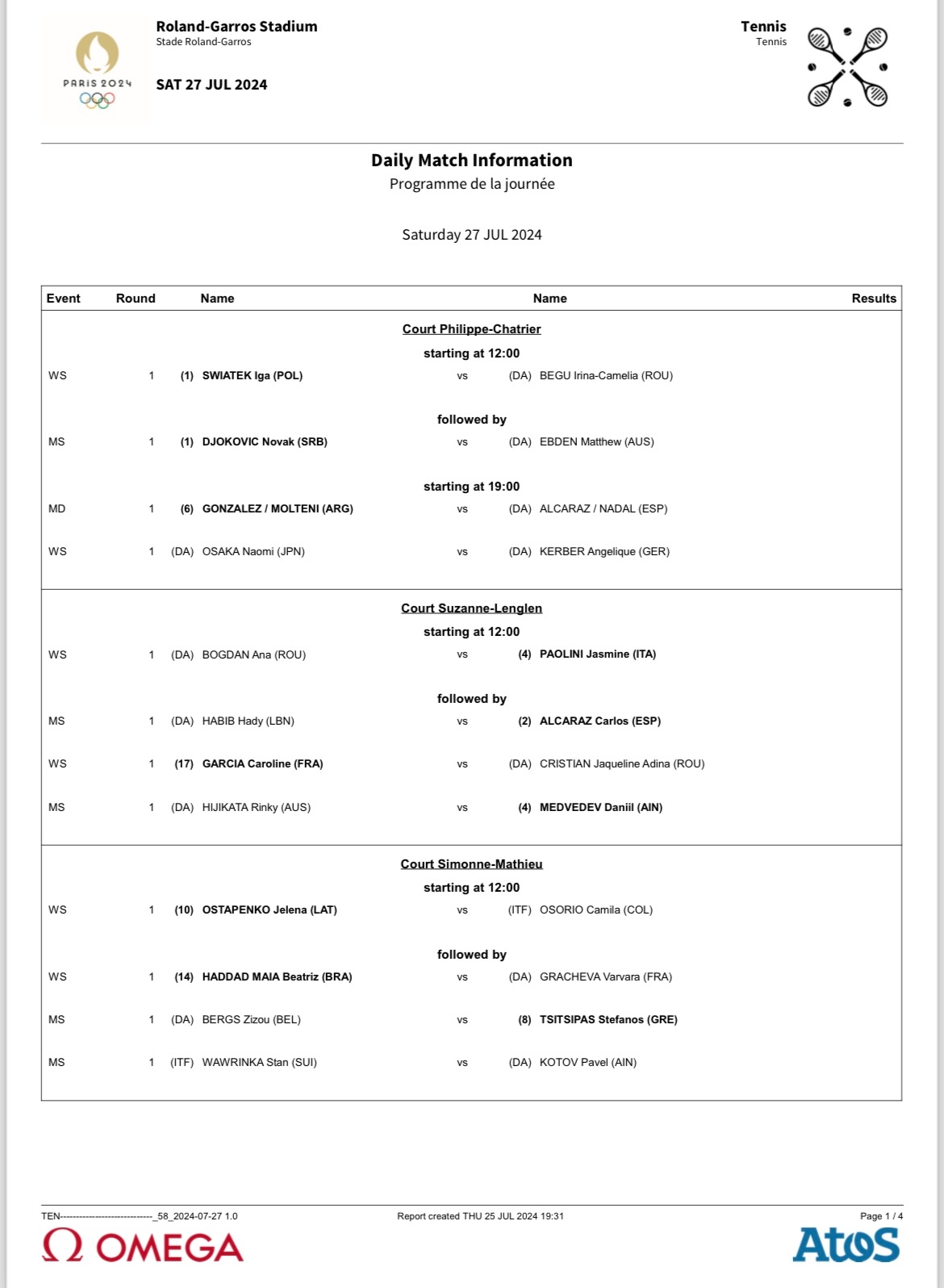 #奥运会# 巴黎奥运会网球项目首日赛程，郑钦文、张之臻单打出战。10号场第一场 