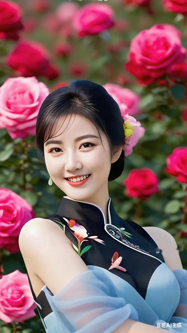 粉红交织的盛开月季花园，美女置身其中，柔和自然，唯美清新，氛围感拉满。