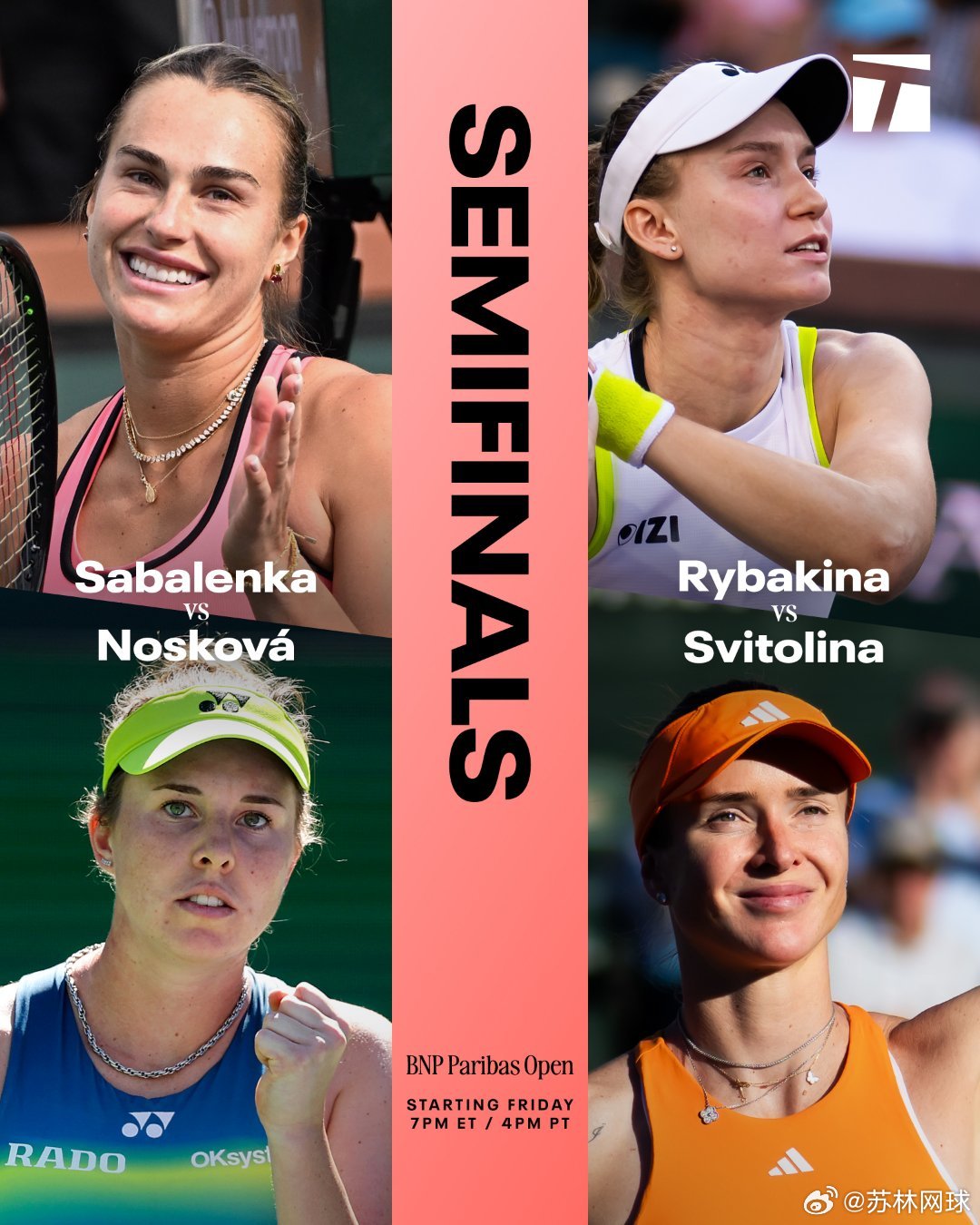印第安维尔斯女单半决赛明天上午07：00，🇧🇾萨巴伦卡vs诺斯科娃🇨🇿（