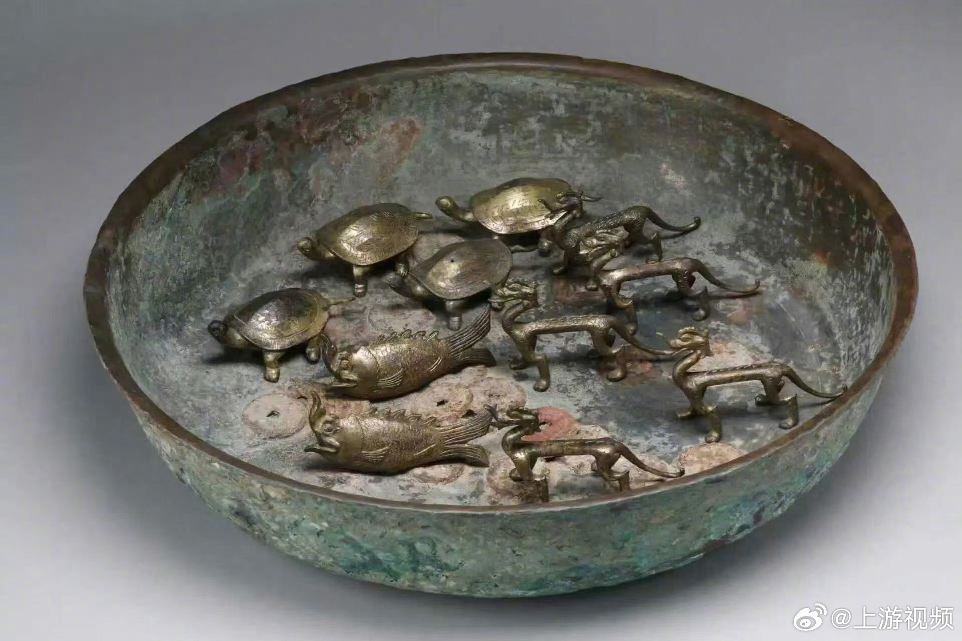 #西安出土一批罕见鎏金铜器#【西安大型唐墓出土一批罕见鎏金铜器：走龙、铜龟、摩羯