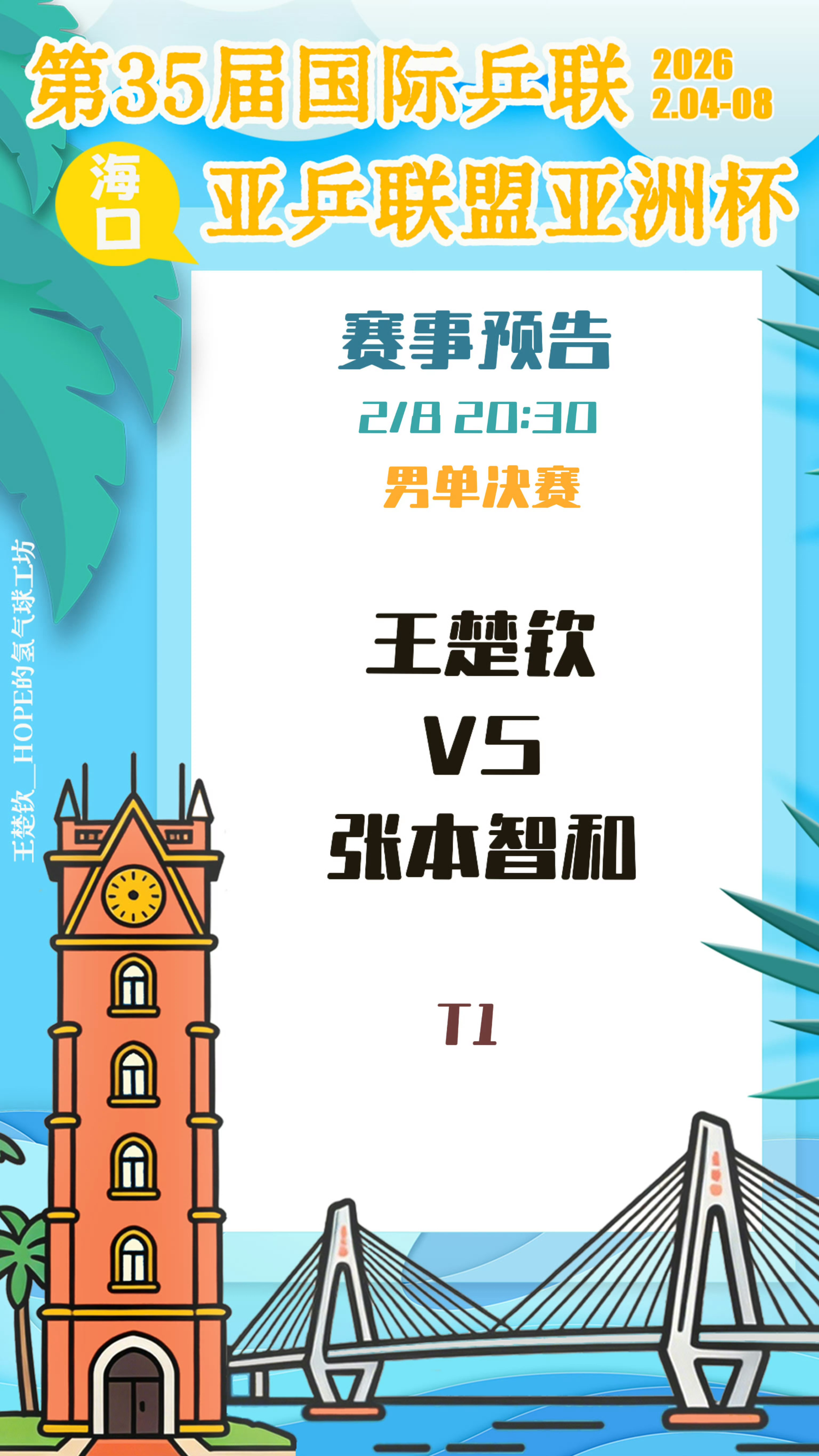狮友会王楚钦 🦁 王楚钦加油 海口亚洲杯 今日赛程:男单决赛 2月8日 20: