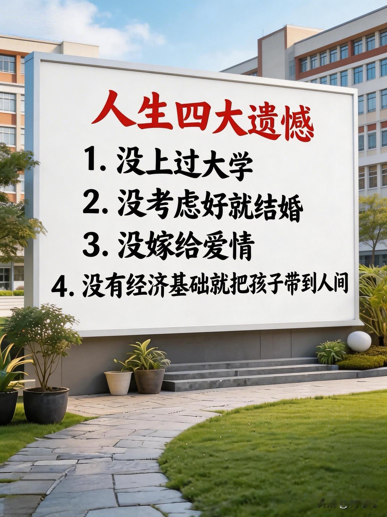 人生四大遗憾：1.没上过大学，2.没考虑好就结婚，3.没嫁给爱情，4.没有经济基