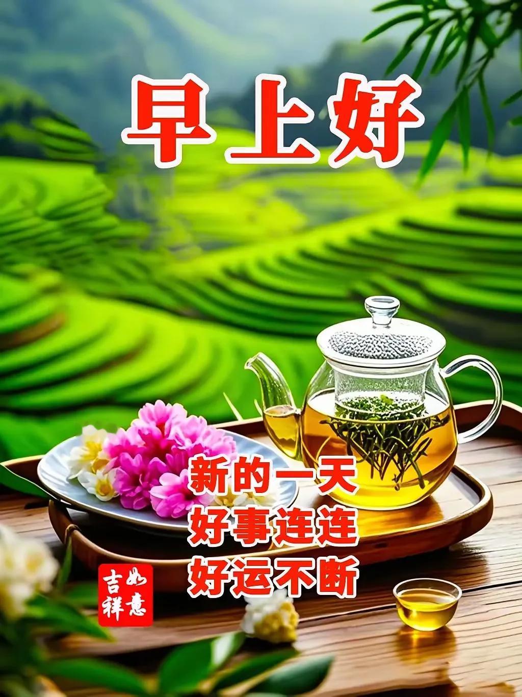 新茶一盏，好事连连。茶语祝福﻿ ﻿