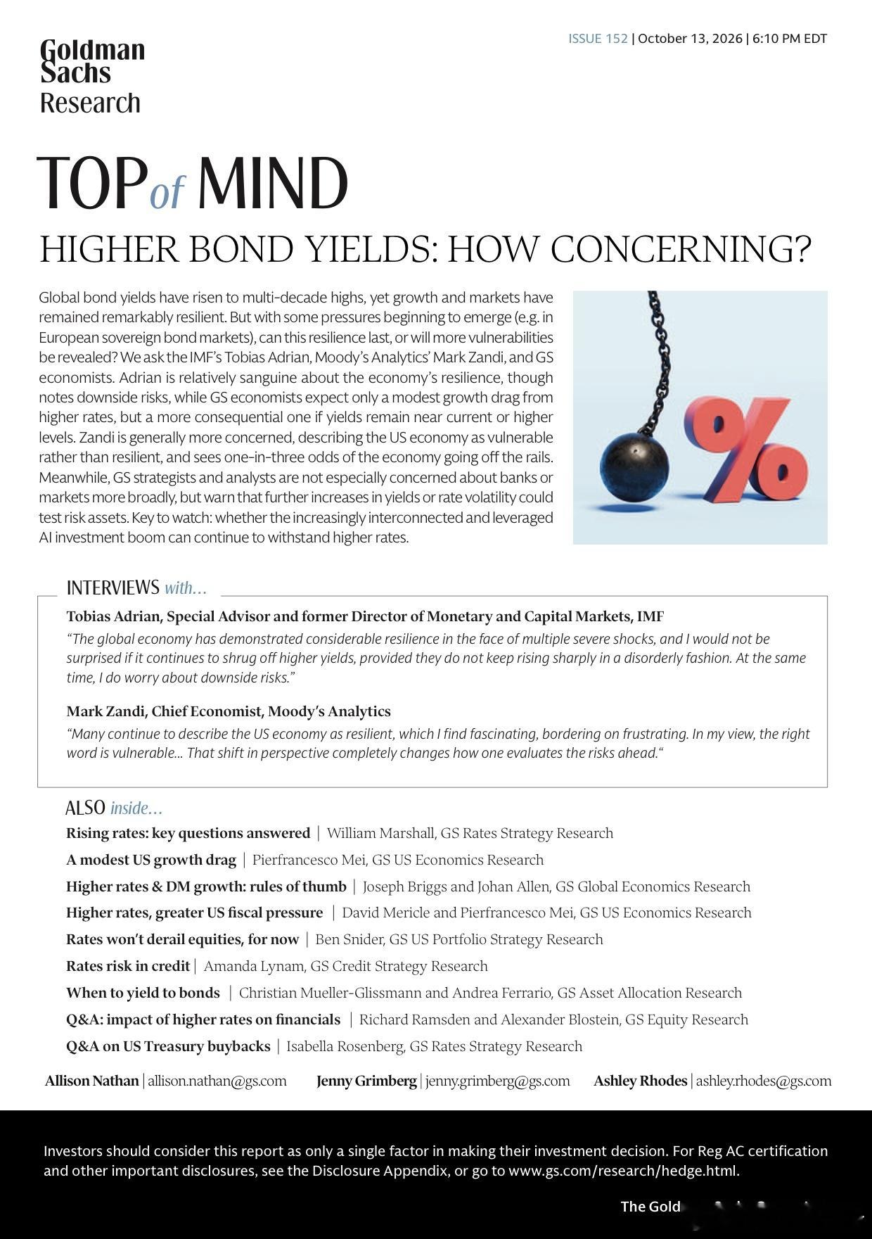 Goldman’s “Top of Mind - Higher Bond Yie