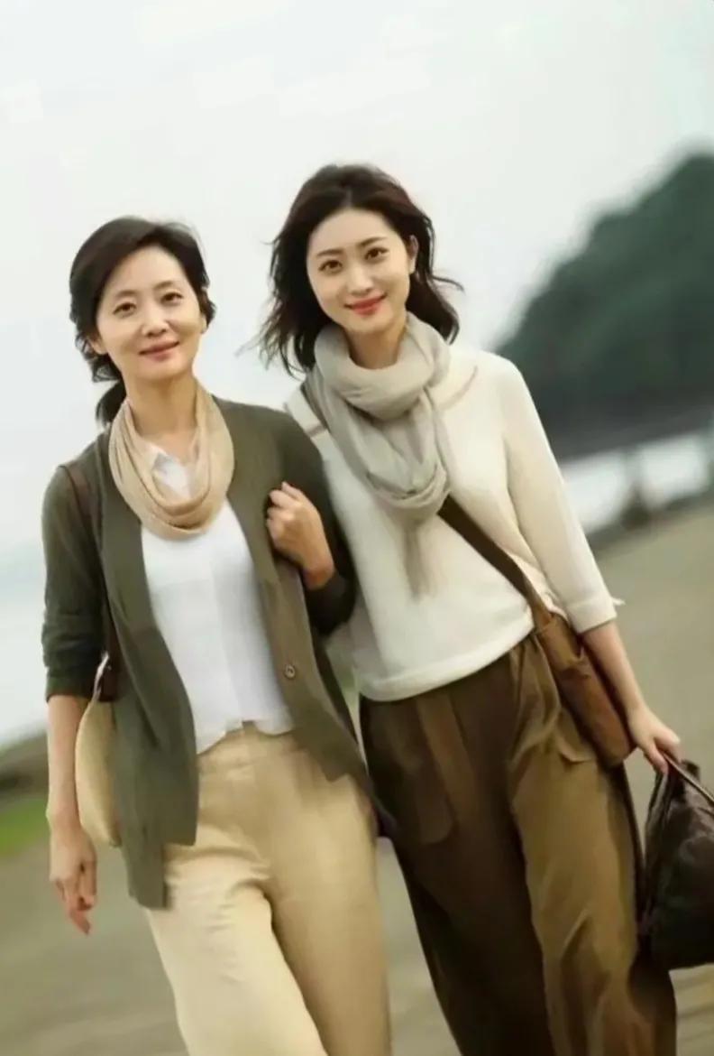 母女俩像一对双胞胎姐妹！女儿长得太像妈妈
了！不管面相还是身材笑容都好像！你们觉