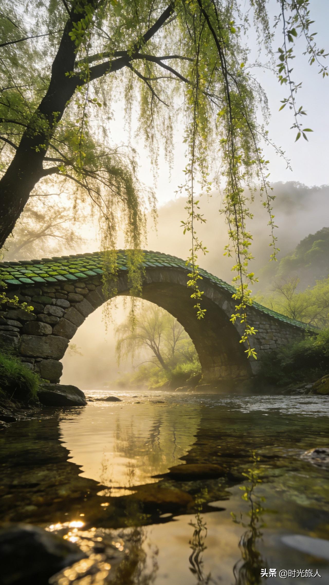 上联：小桥卧波春色嫩
下联：弱柳拂岸晓风柔