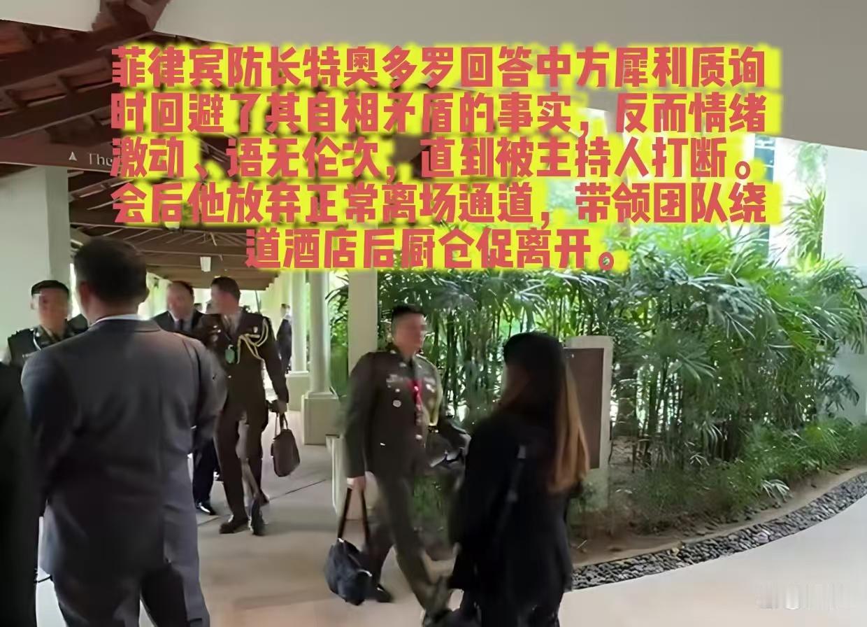最近新加坡香格里拉对话会的现场，菲防长特奥多罗面对中方犀利质询时出现语无伦次、回