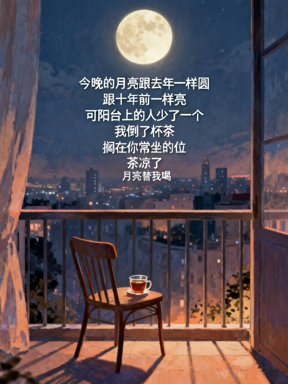 今晚的月亮
跟去年一样圆
跟十年前一样亮

可阳台上的人
少了一个

我倒了杯茶