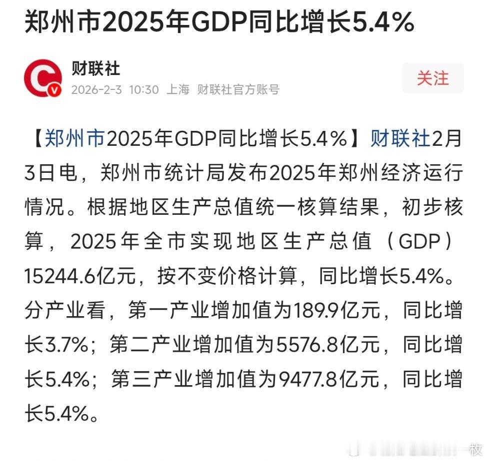 郑州市2025年全市实现地区生产总值（GDP）15244.6亿元。 