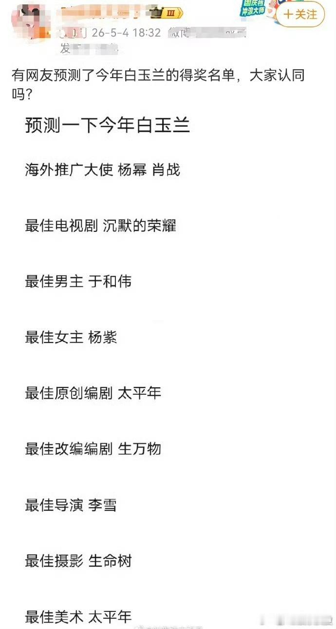预测白玉兰得奖名单我有不同看法，支持生命树横扫包括白玉兰在内的各大奖项，最佳女主
