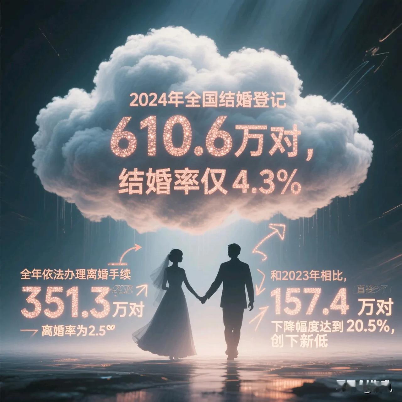 民政局新出的数儿，看得人心里打鼓。
 
2024年领红本的610万对，比前年少了
