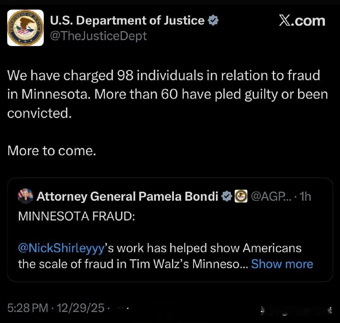 司法部发文称已就明尼苏达州的欺诈行为起诉多人。
“我们已就明尼苏达州的欺诈行为起