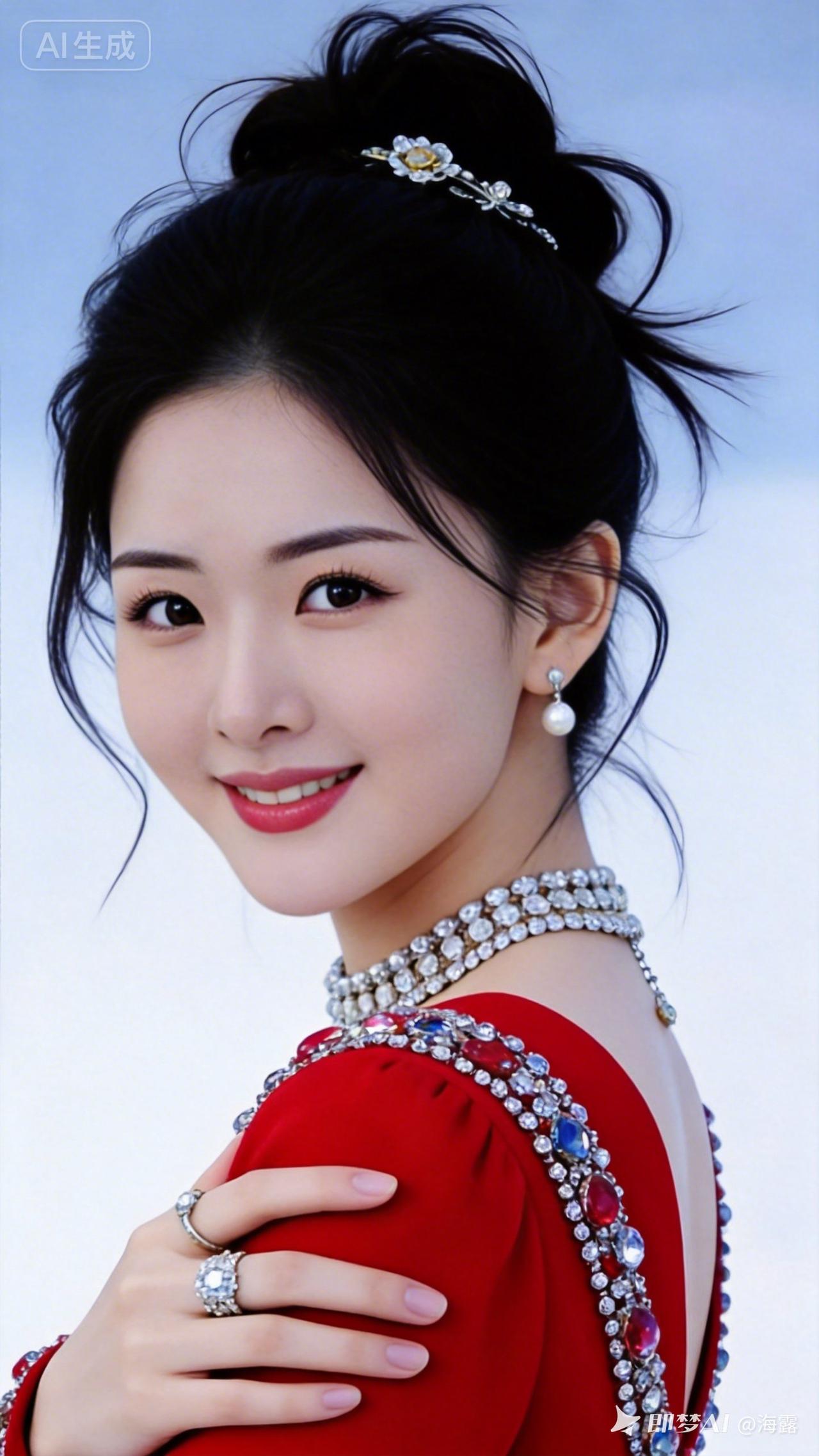 绝色美人肤白貌美，微乱蓬松盘发搭配精致发饰，身着缀满宝石的红色华服，佩戴高级项链