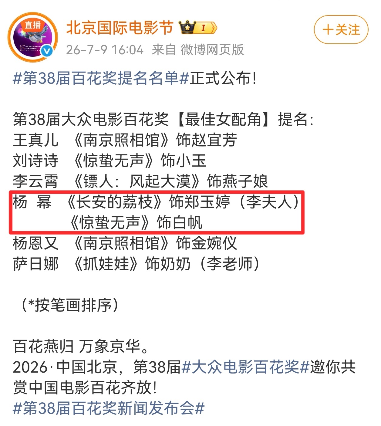 第38届百花奖提名名单恭喜杨幂双角色提名第38届大众电影百花奖最佳女配角！ 杨幂