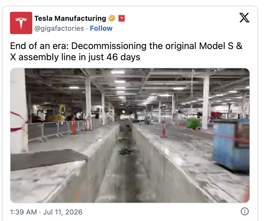 特斯拉Model S/X旧产线已拆除特斯拉官方发布了一段视频，展示了弗里蒙特工厂