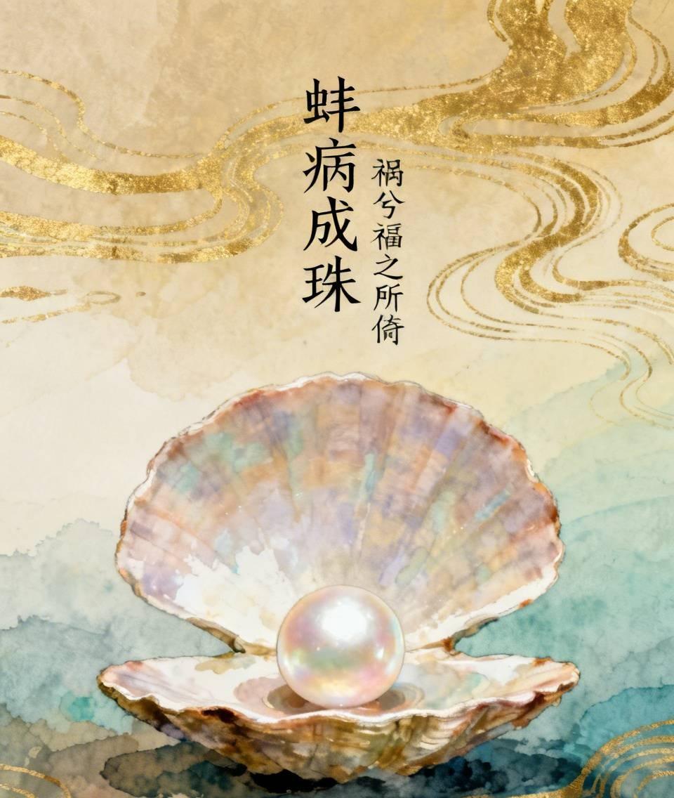 蚌病成珠：沙粒误入蚌体，带来无尽的刺痛，蚌却用血肉将其层层包裹，最终孕育出璀璨的