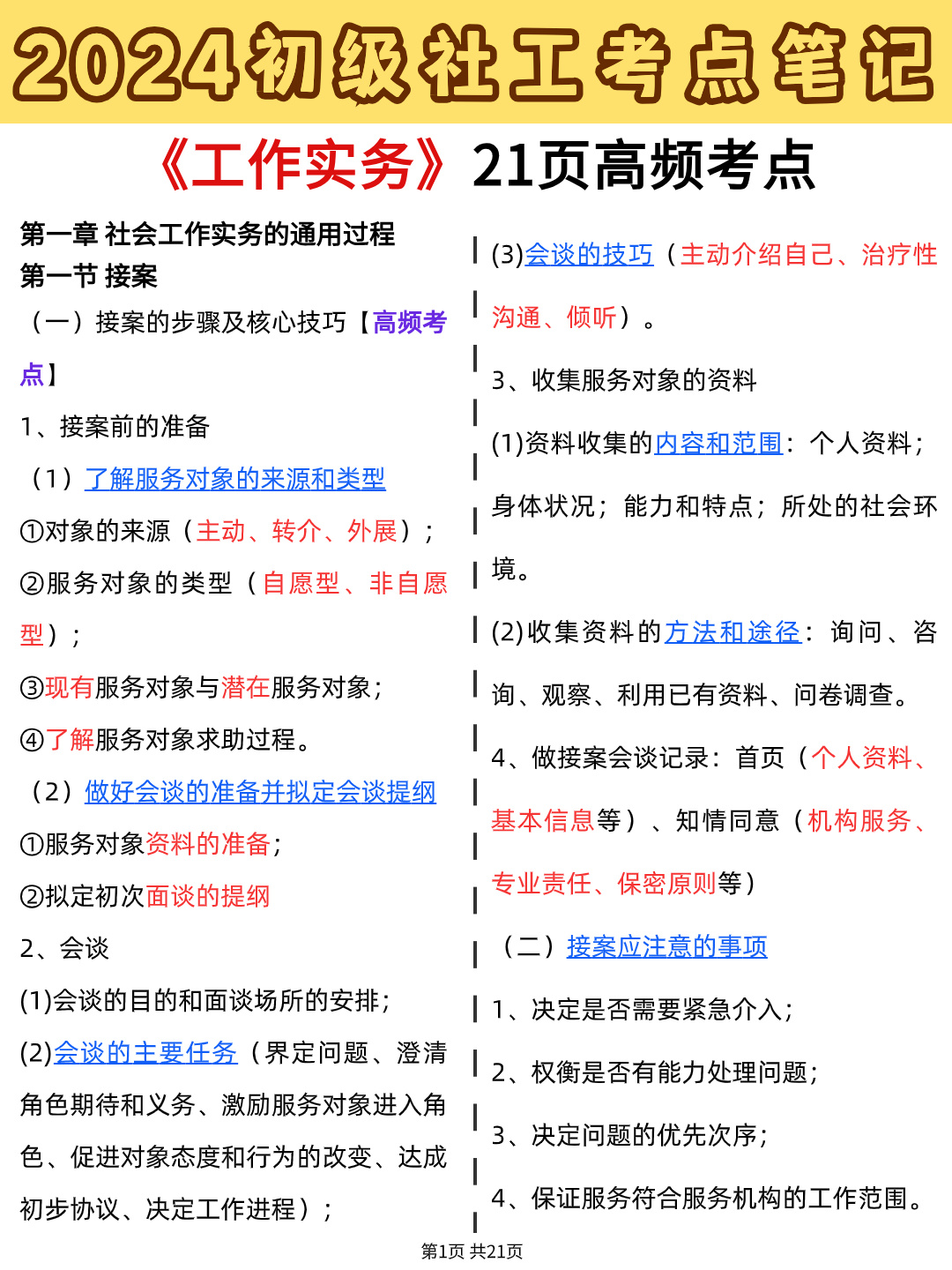 码住！2024初级社工实务21页高频考点