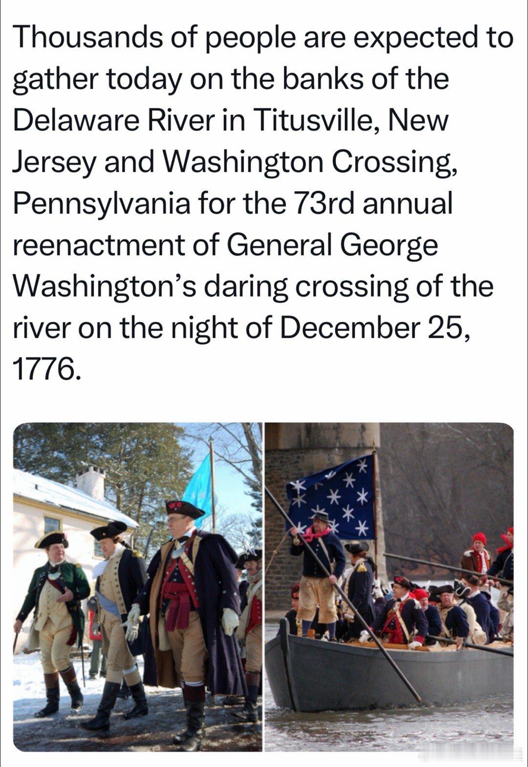 1776年12月25日，乔治·华盛顿亲自率队渡河、突袭对岸英军，大大提升士气、成