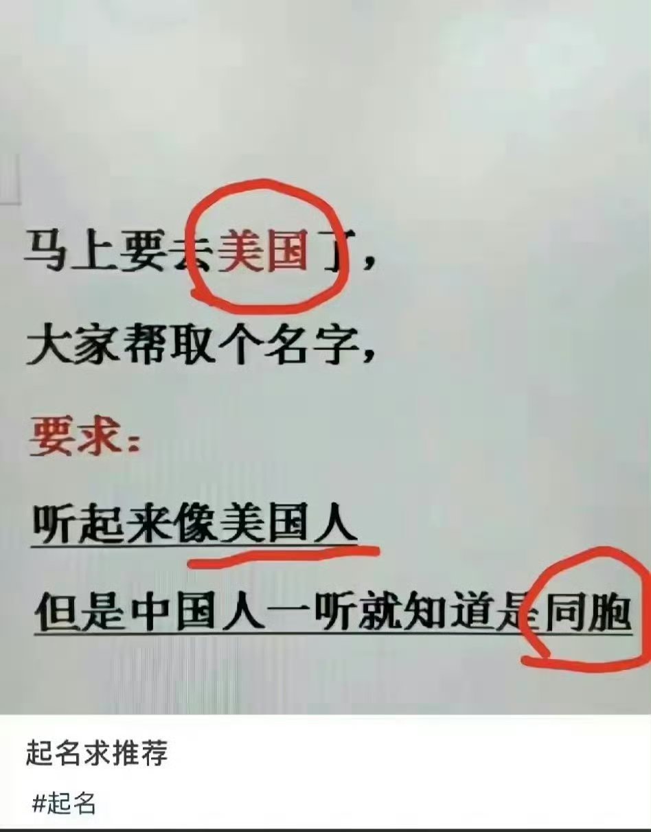 网友：马上去美国了，想取个美国名字！！听起来就是中国人！！ 