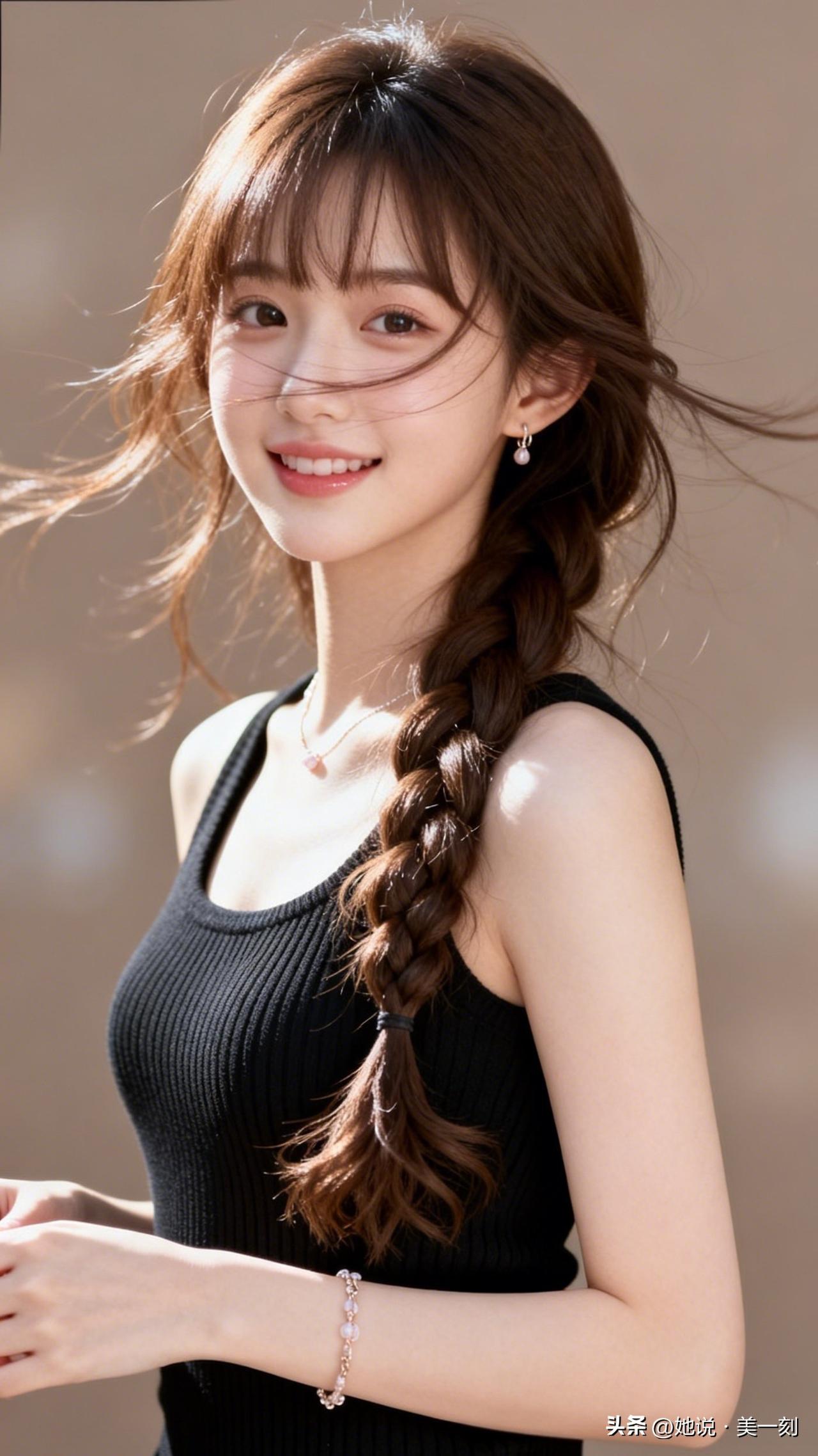 阳光下的甜美少女，黑发编辫，笑容灿烂，轻松自在。