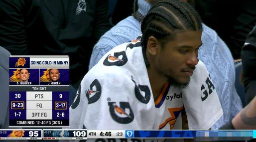 太阳二当家杰伦-格林真是太沮丧了！在昨日太阳客场挑战森林狼的比赛中，当时比赛进行