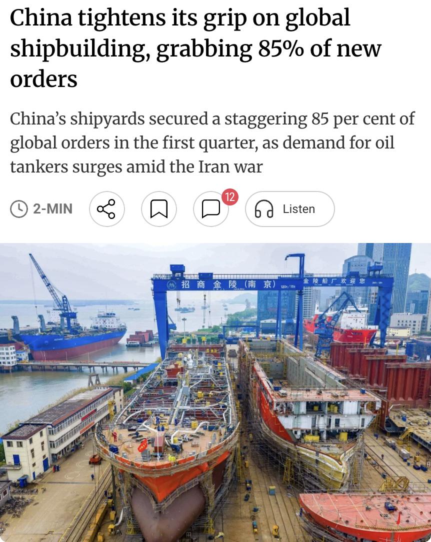 外媒：中国造船业强势反弹，一季度揽获全球85%新订单

数据显示，2026年一季