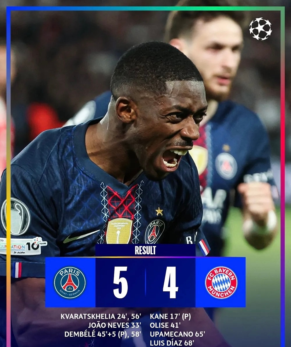 欧冠联赛巴黎圣日耳曼5比4拜仁欧冠半决赛首回合上演史诗级进球大战！巴黎坐镇主场迎