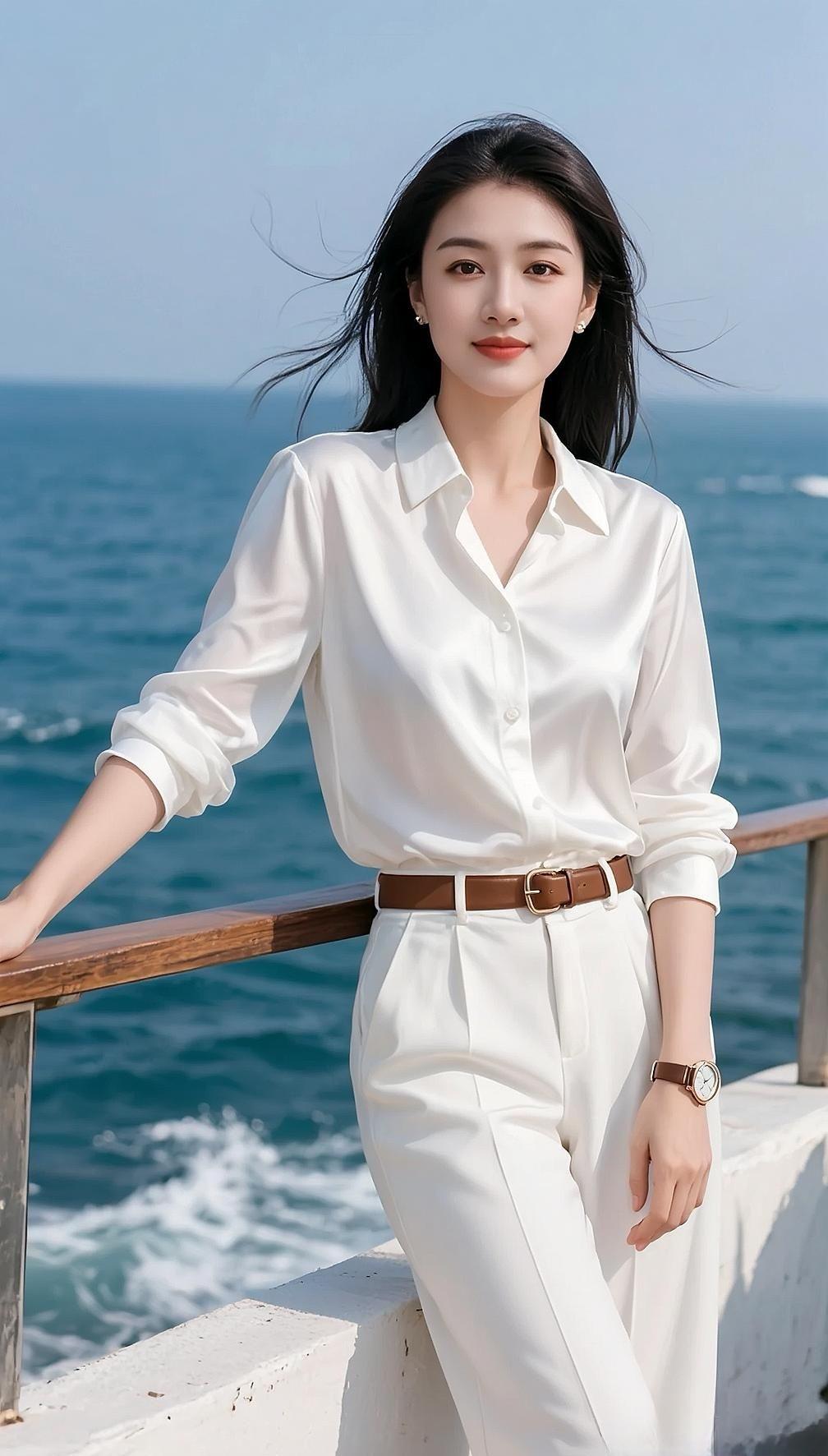 抖音ai创作 白衬衫 海边氛围感 氛围感美女 治愈系风景