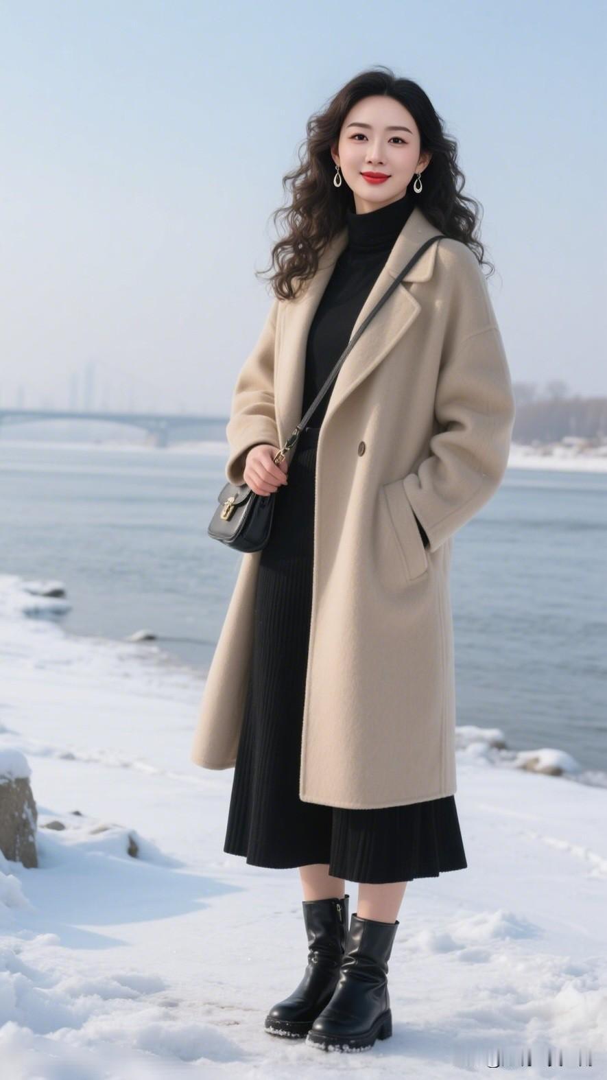 雪中独立，风华绝代。分享生活随手拍 冬日穿搭指南：米色大衣+黑色连衣裙，温暖又时